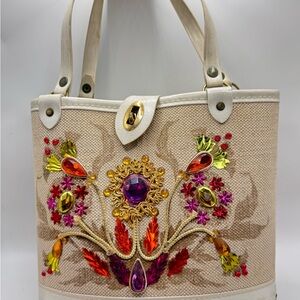Vintage Enid Collin’s style Handbag Jeweled Garden Purse  Bucket Bag Floral